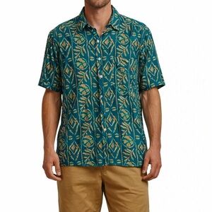 CEZAR 100% Silk‎ Short Sleeve Shirt Button Up Green Brown Geometric Size S